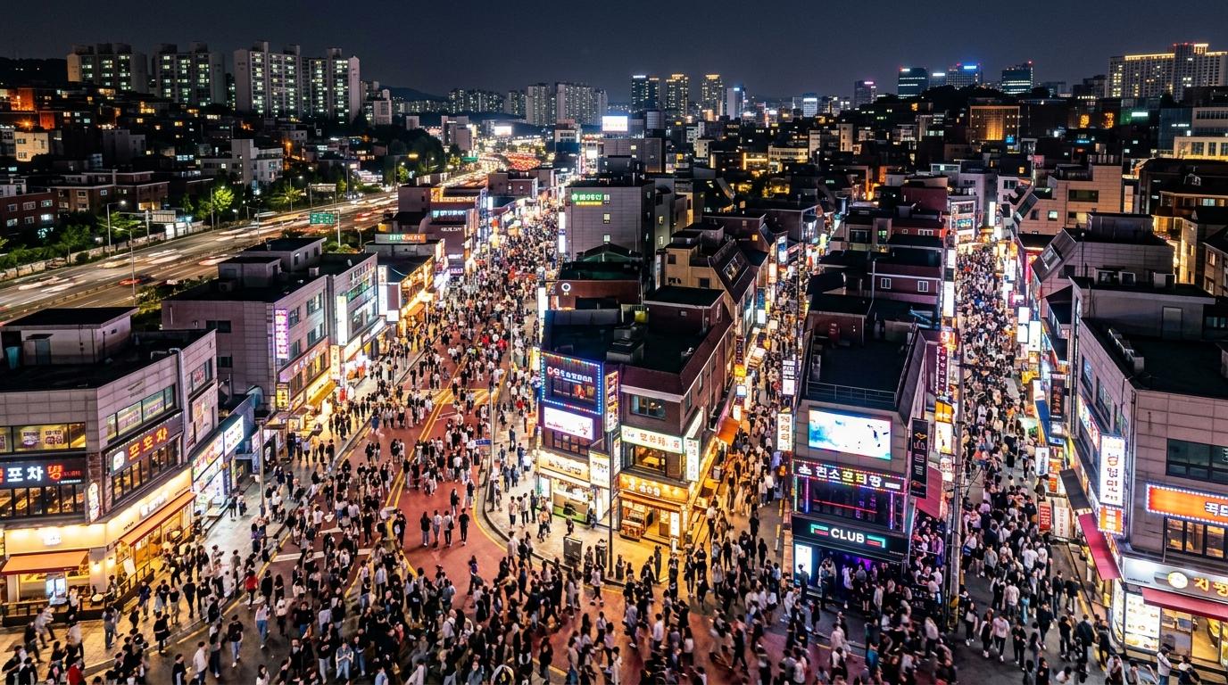 Bright photorealistic panoramic image of Hongdae nightlife from above, Red Road crowds, club streets, small restaurants, neon glow, energetic Seoul travel scene
