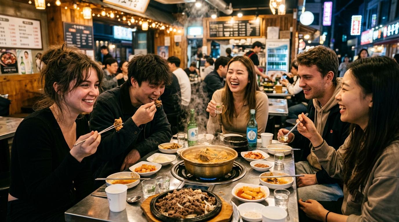 Bright photorealistic image of friends eating late-night Korean food after clubbing in Hongdae, steaming dishes, casual restaurant lighting, tired happy nightli