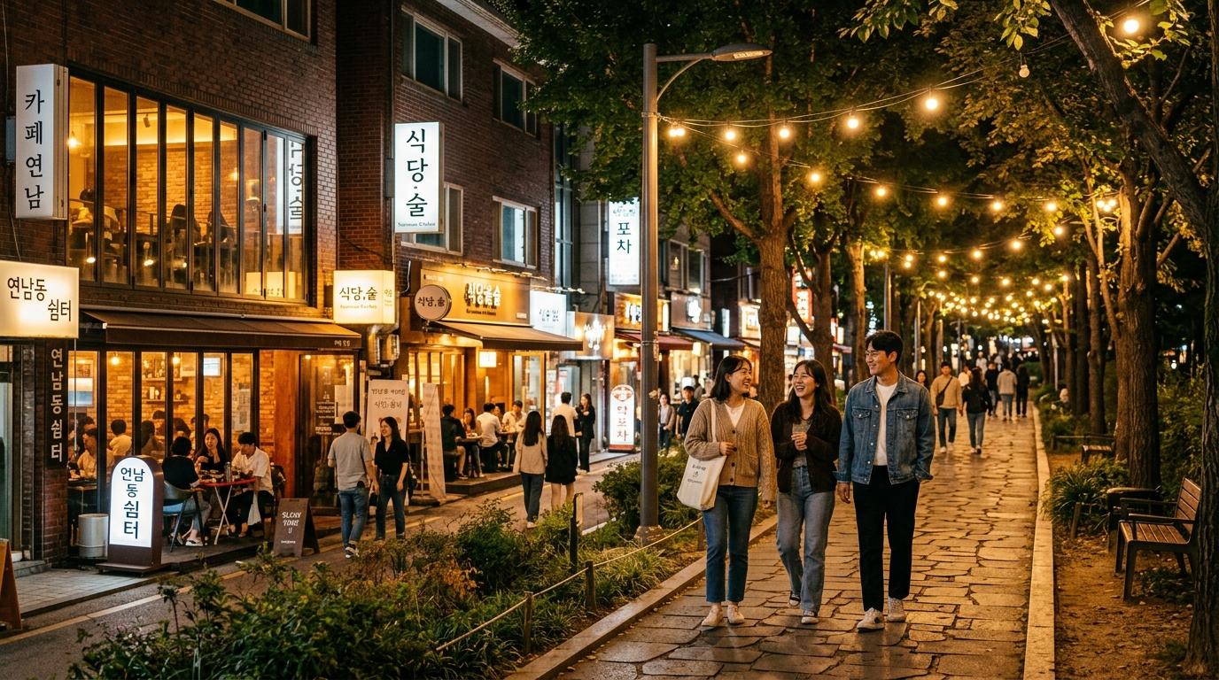 Bright photorealistic image of Yeonnam-dong at night near a tree-lined park path, cozy restaurants and cafes, friends walking under soft lights, calm Seoul even