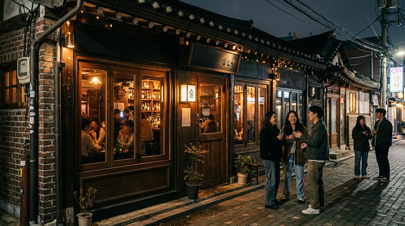 Bright photorealistic image of a stylish Sangsu cocktail bar exterior at night, warm windows, small groups of friends, quiet Seoul alley, elegant travel photogr