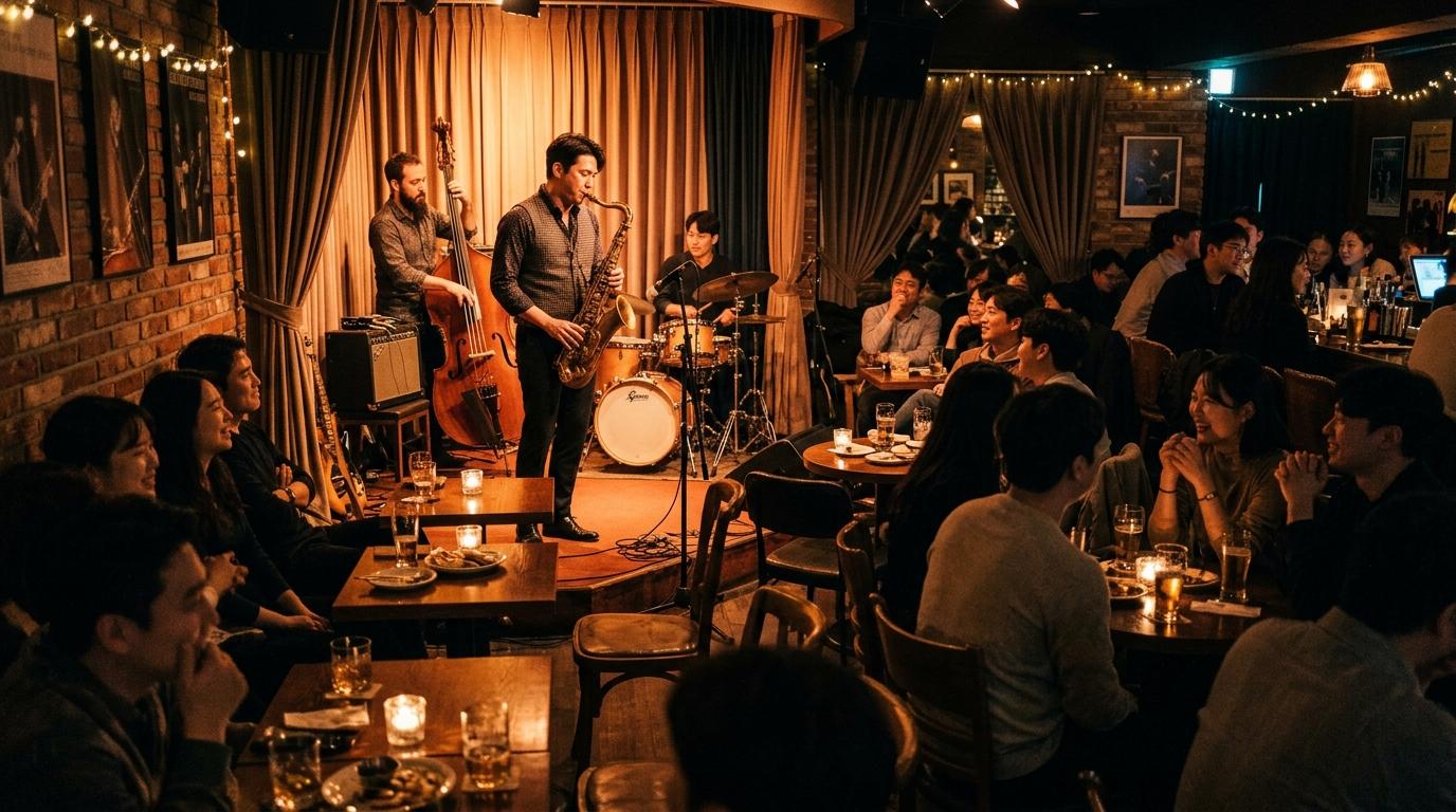 Bright photorealistic image of a cozy jazz club near Hongdae, seated guests, saxophone player on stage, warm amber lighting, intimate evening atmosphere, no tex
