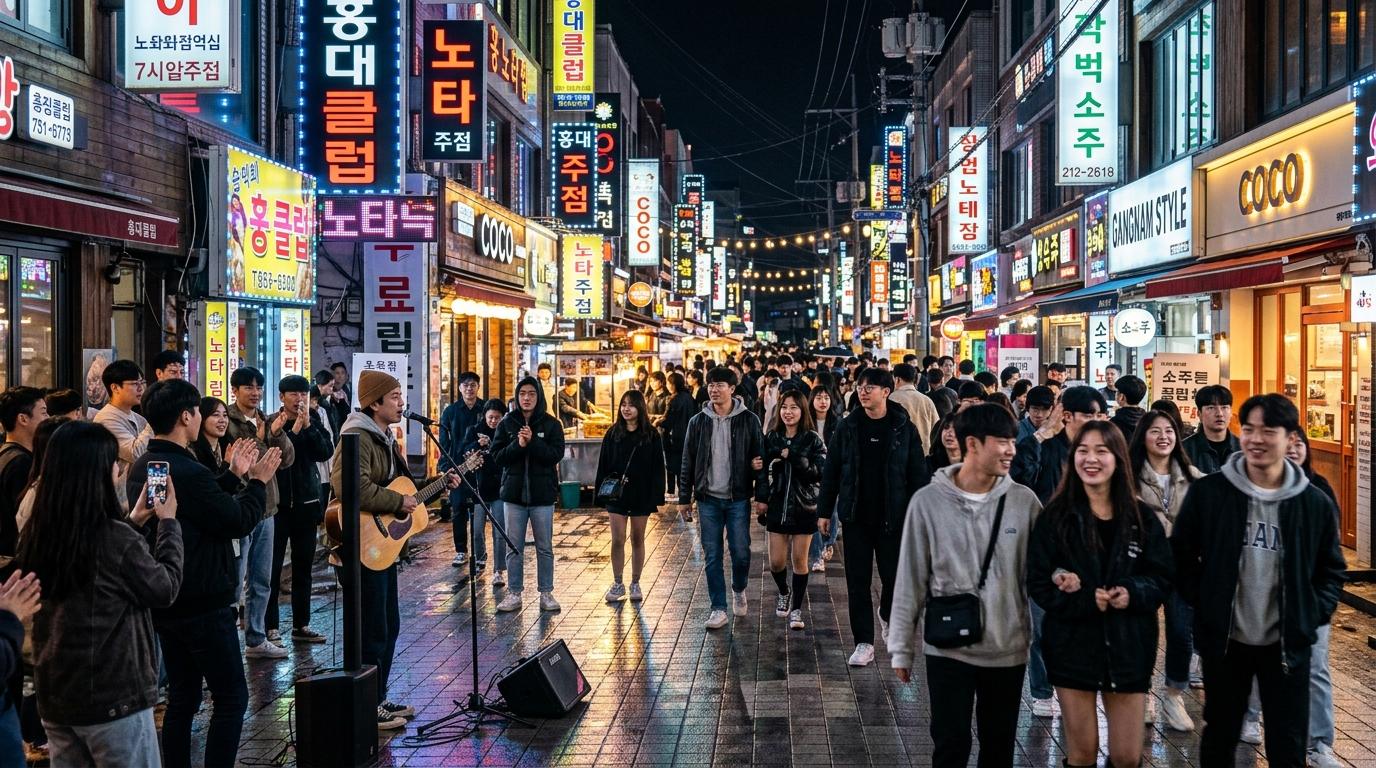 Cuộc sống về đêm ở Hongdae, Seoul: Câu lạc bộ, Busking, Nhạc sống và Phố đêm muộn