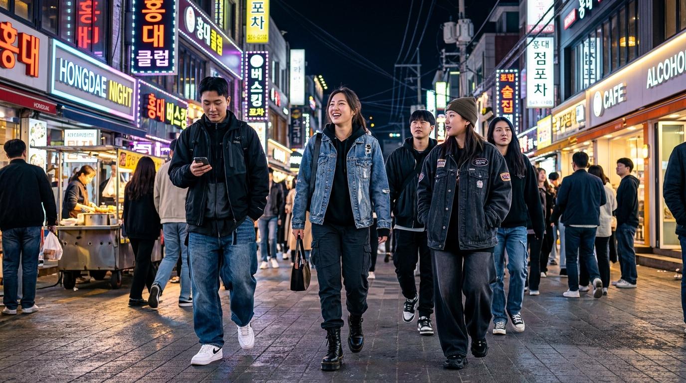 Bright photorealistic image of stylish travelers in dark streetwear walking through Hongdae at night, denim, boots, sneakers, neon lights, modern Seoul fashion