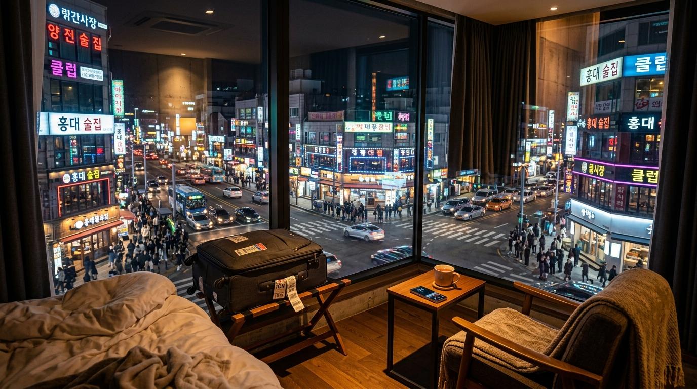 Bright photorealistic image of a boutique hotel room view over Hongdae at night, city lights, cozy interior, travel suitcase, vibrant Seoul nightlife outside, n