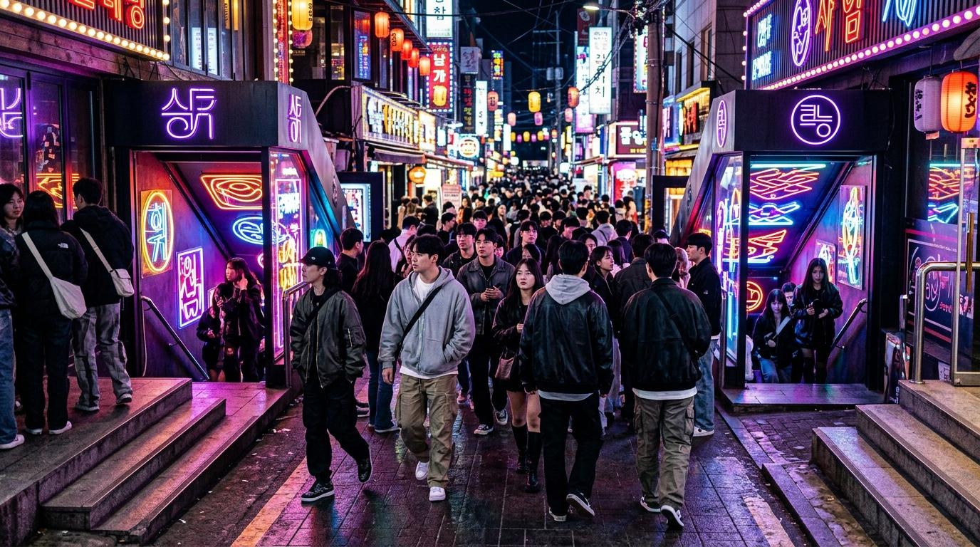Bright photorealistic image of a Hongdae club street at midnight, basement club entrances, stylish streetwear crowds, neon lighting, lively Seoul nightlife atmo