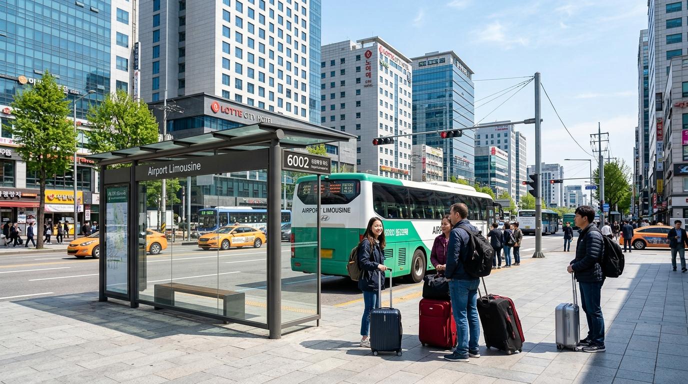首爾市中心明亮寫實風嘅機場豪華巴士站，旅客拖住行李喺現代酒店旁等車，街道乾淨，晴朗下午
