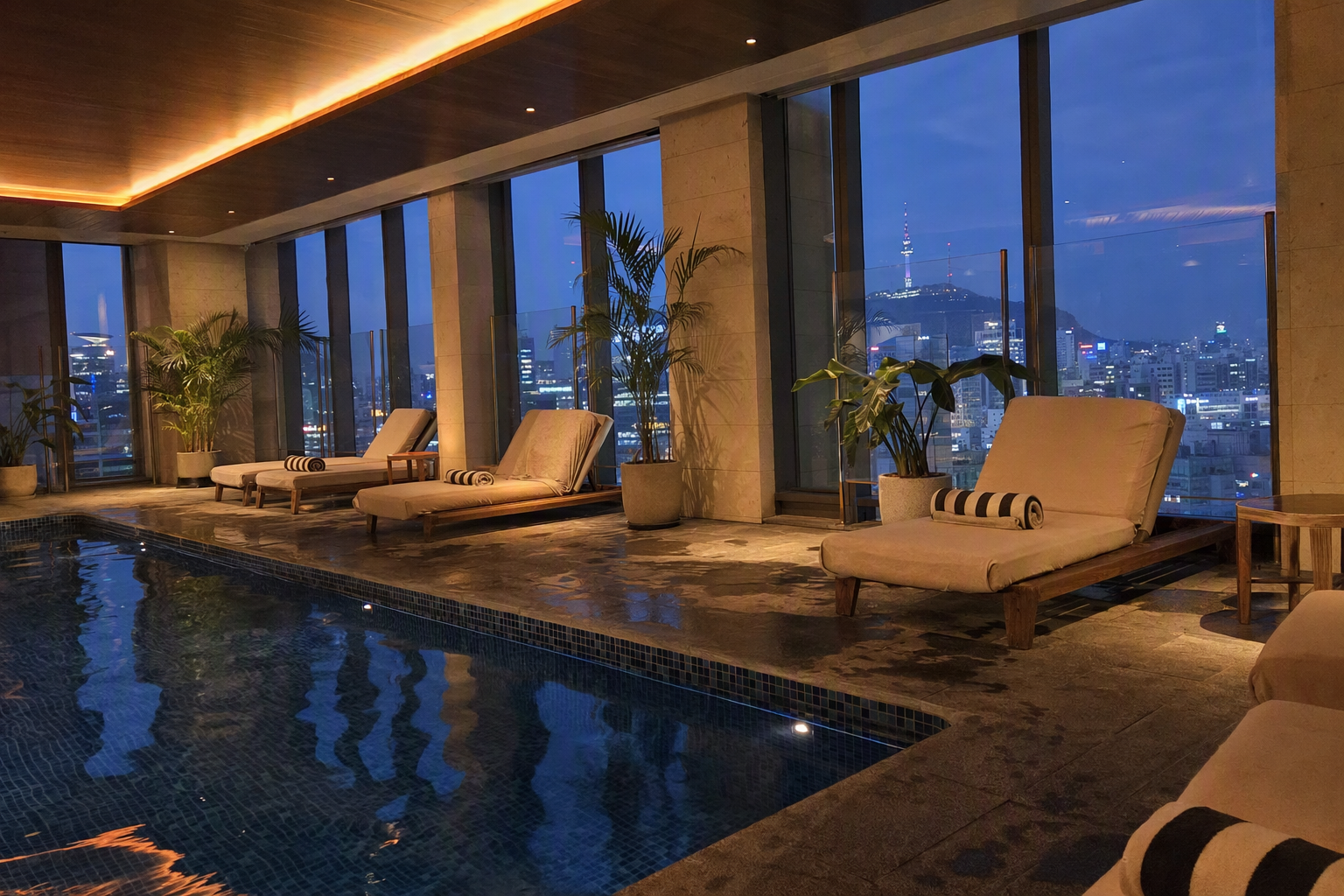 Bright photorealistic indoor hotel pool in Seoul with city skyline view, calm blue water, elegant lounge chairs, warm modern lighting, no readable text