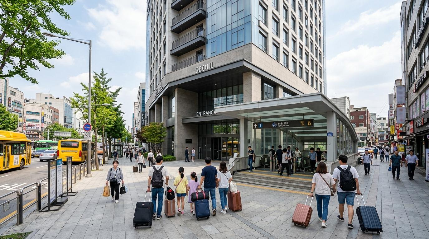 光猛、寫實風格嘅現代首爾酒店外觀，地鐵入口上方，有拖住行李嘅旅客，繁忙但整潔嘅城市街道，日光，沒有可讀文字