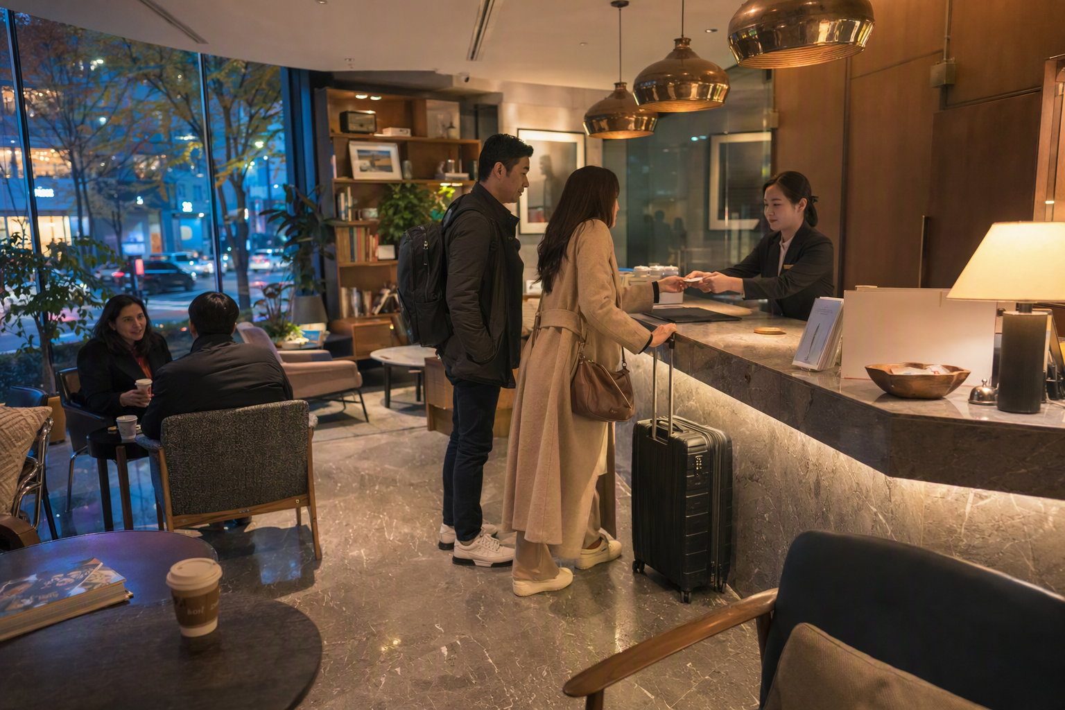 Bright photorealistic boutique hotel lobby in Seoul with cinematic decor, warm lights, stylish seating, travelers checking in, no readable text