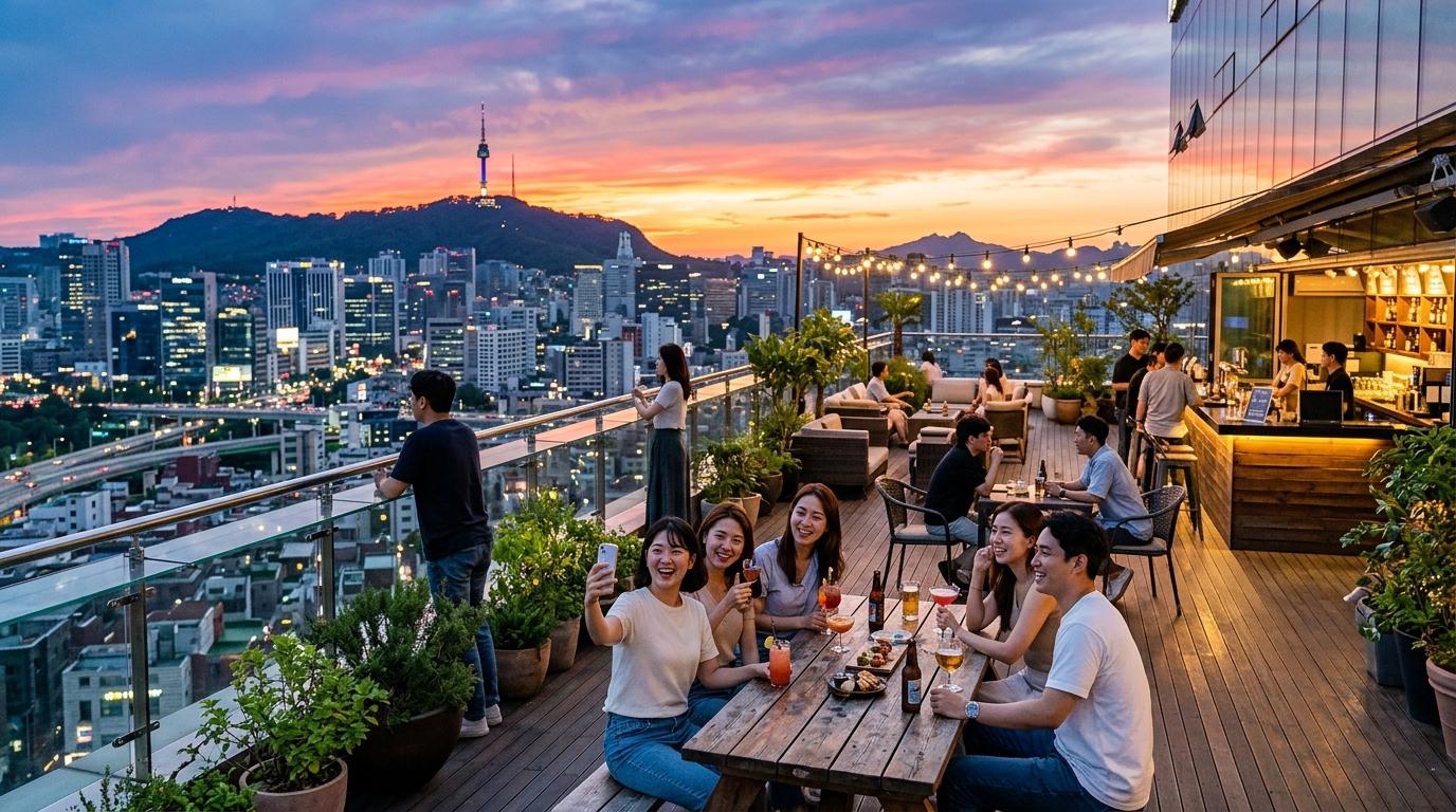 首爾現代酒店明亮寫實風格天台露台，旅客享受黃昏天際線同遠處塔景，彩霞夕陽，無可讀文字