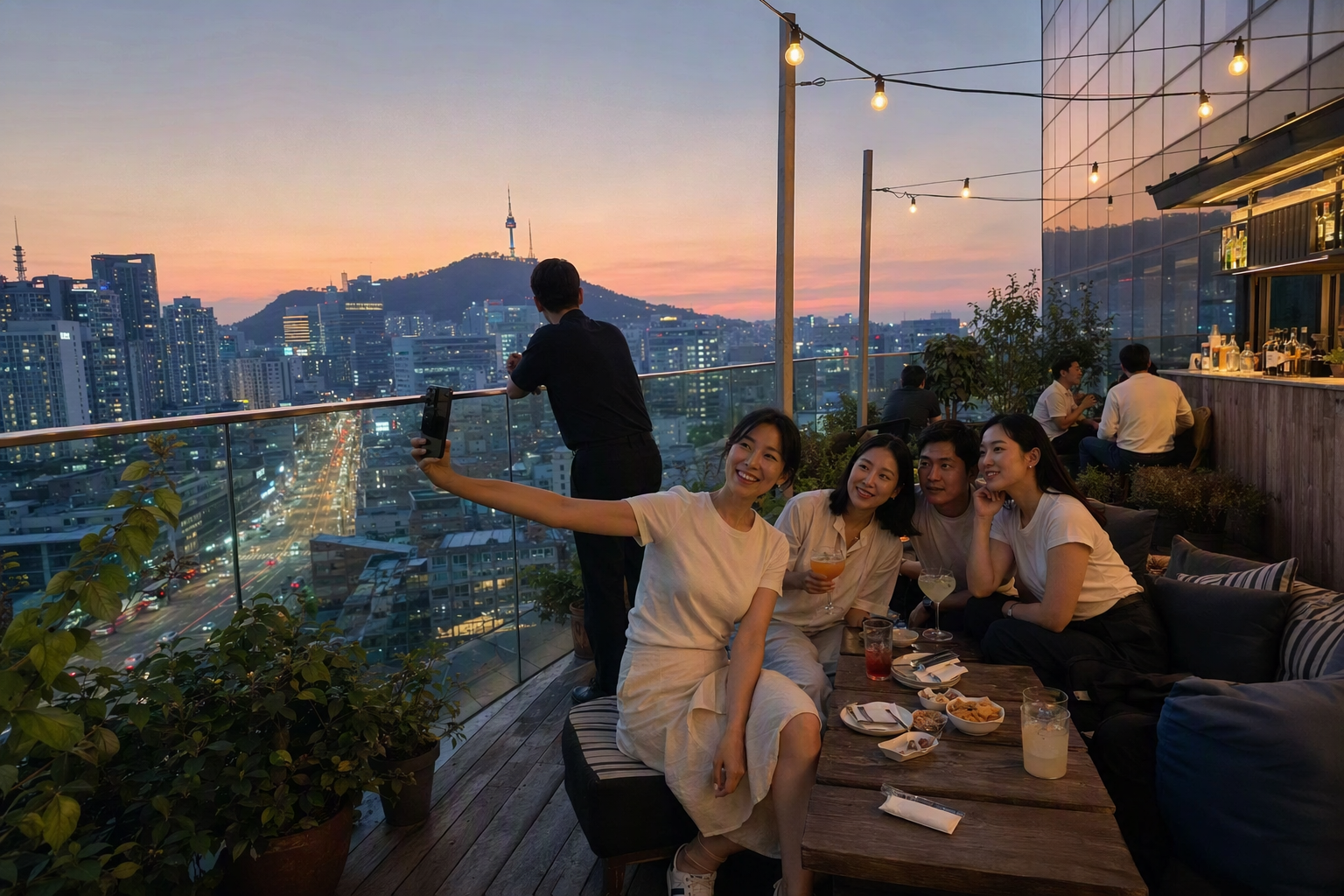 Bright photorealistic rooftop terrace at a modern Seoul hotel, travelers enjoying evening skyline and distant tower view, colorful sunset, no readable text