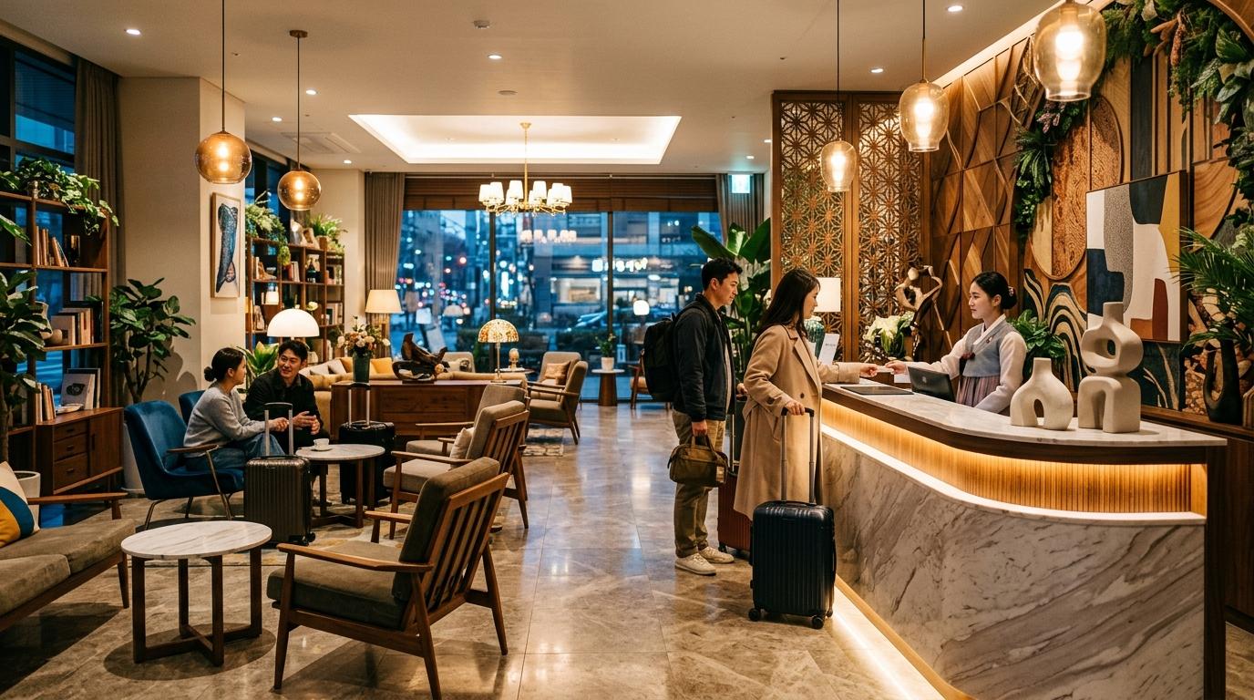 首爾一間精品酒店明亮寫實風大堂，帶電影感裝飾、温暖燈光、型格座位，有旅客辦理入住，無可閲讀文字