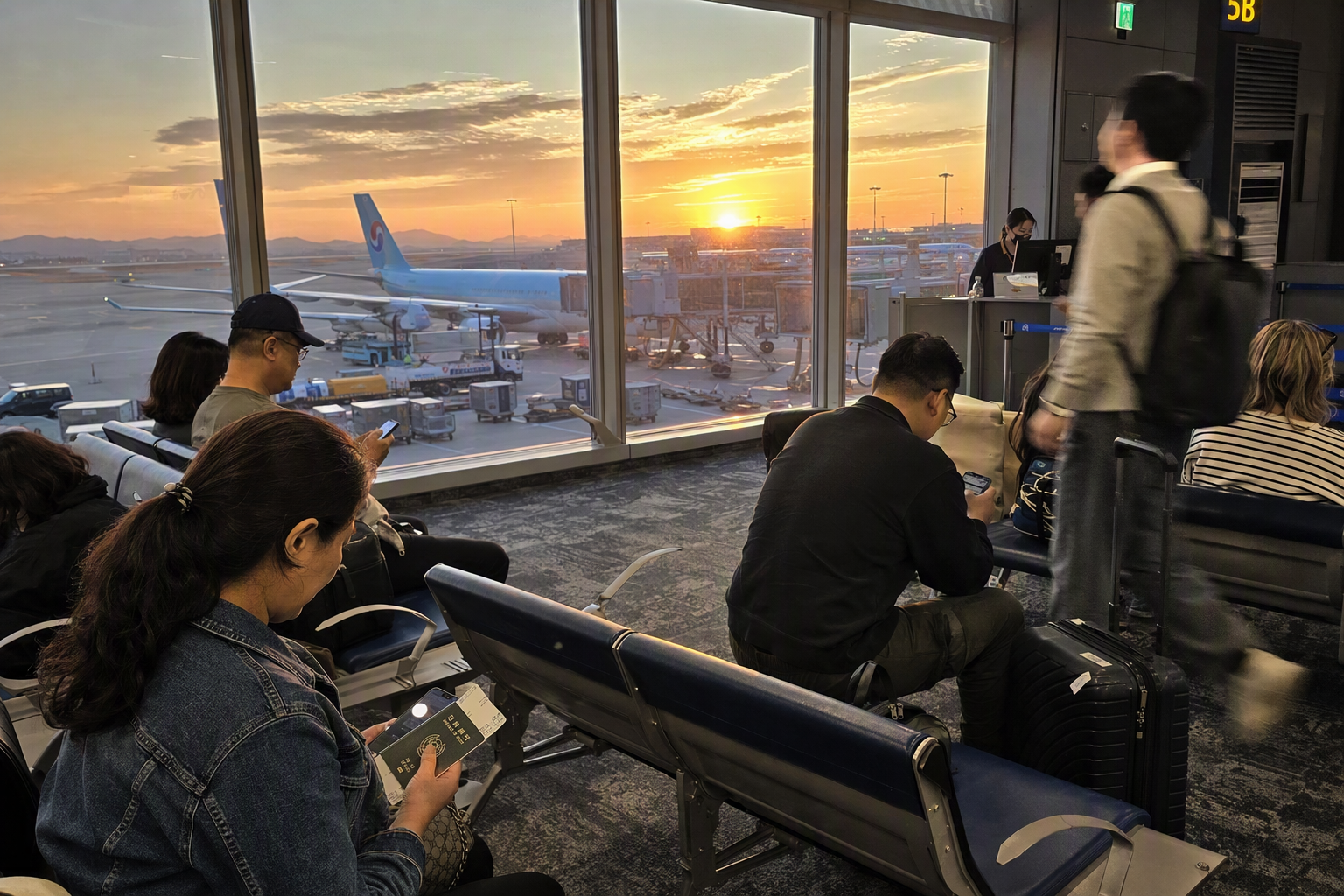 Bright vibrant photorealistic image of a departure gate with travelers waiting calmly, passports in hand, golden sunset through large windows, no readable text