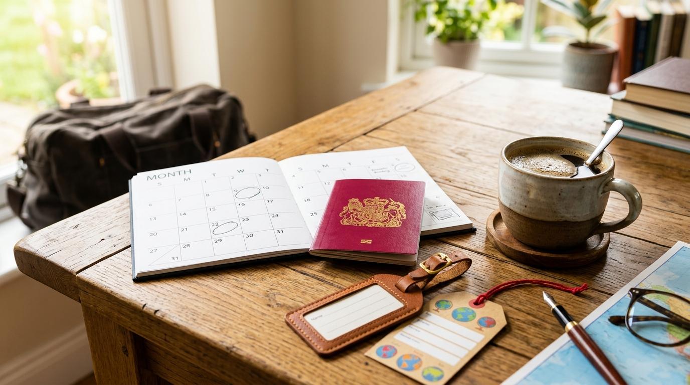 Bright vibrant photorealistic image of a passport and calendar beside a cup of coffee and luggage tags, travel planning mood, no visible text