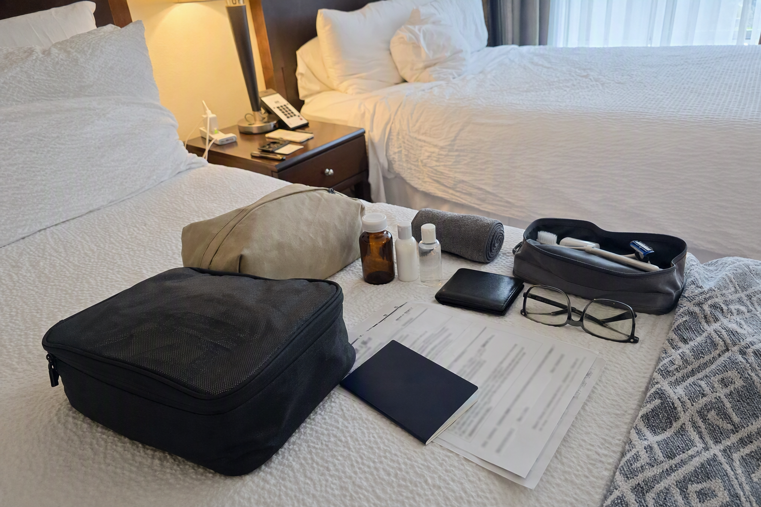 Bright vibrant photorealistic image of neatly packed travel documents, prescription bottle without label, and toiletries on a hotel bed, clean organized layout,