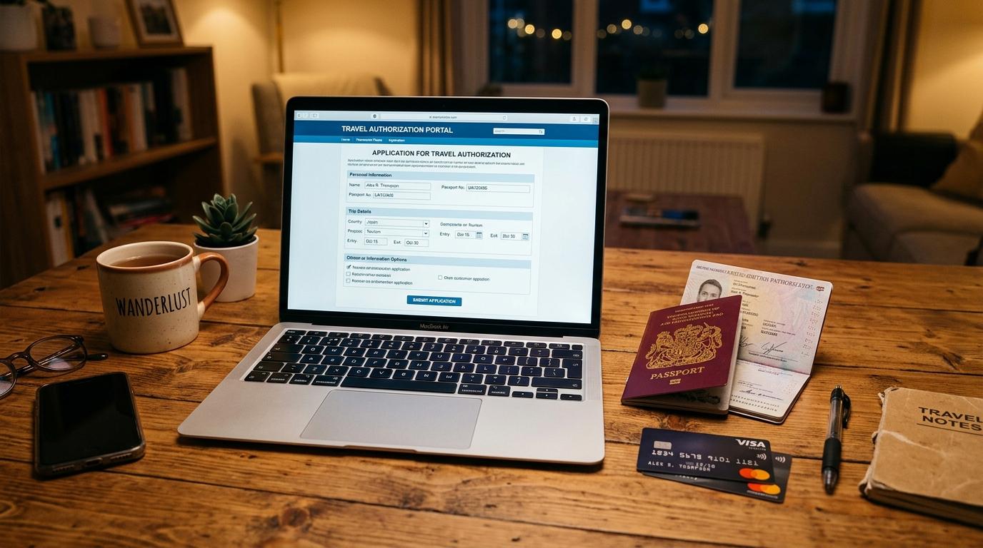 Bright vibrant photorealistic image of a laptop showing a generic travel authorization form without readable text, passport and credit card nearby, warm desk li