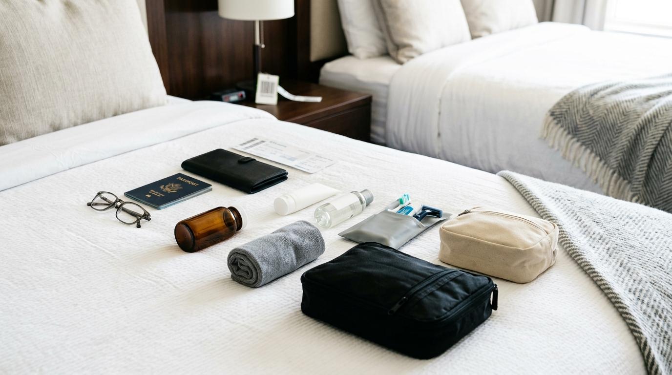 Bright vibrant photorealistic image of neatly packed travel documents, prescription bottle without label, and toiletries on a hotel bed, clean organized layout,