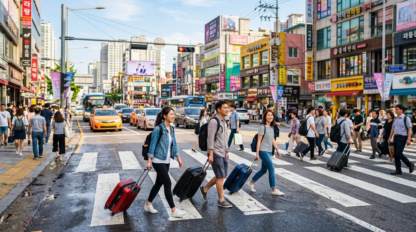 Bright vibrant photorealistic image of Seoul street scene with tourists pulling luggage near a crosswalk, bright afternoon light, no readable signs or text