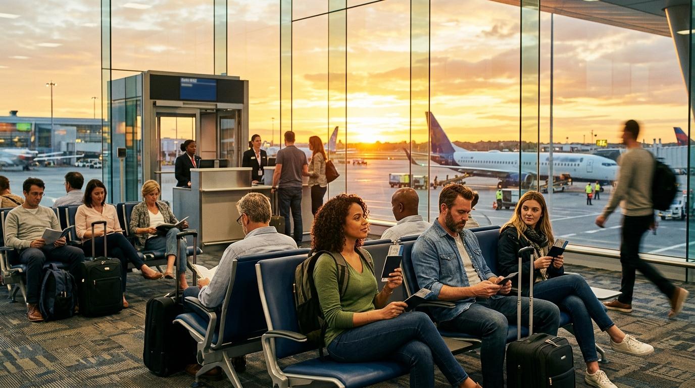 Bright vibrant photorealistic image of a departure gate with travelers waiting calmly, passports in hand, golden sunset through large windows, no readable text