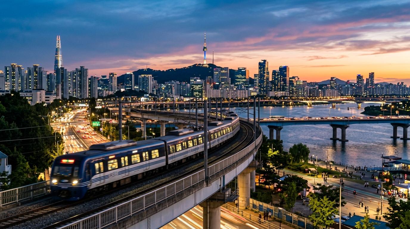 Bright vibrant photorealistic image of Seoul skyline at dusk with airport train passing in foreground, lively travel mood, no readable text