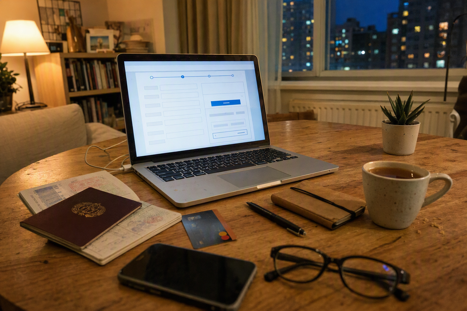 Bright vibrant photorealistic image of a laptop showing a generic travel authorization form without readable text, passport and credit card nearby, warm desk li