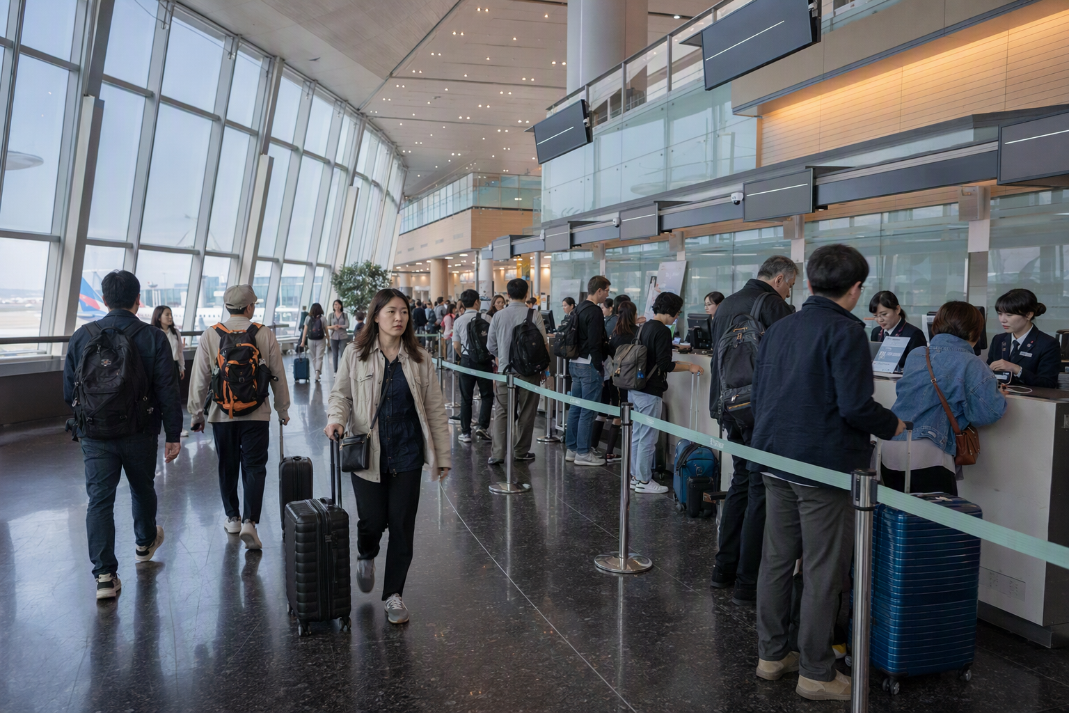 Bright vibrant photorealistic image of travelers arriving at a modern Korean airport immigration hall, clean architecture, soft morning light, no readable signs