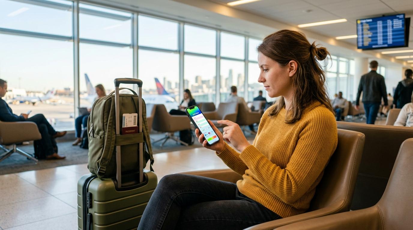 Bright vibrant photorealistic image of a traveler using a smartphone at an airport lounge, digital entry form concept, suitcase beside them, no readable text