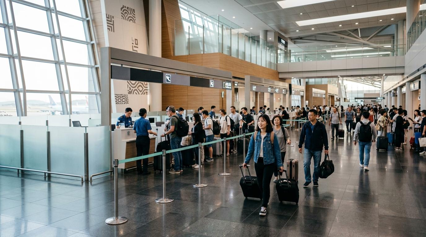 Bright vibrant photorealistic image of travelers arriving at a modern Korean airport immigration hall, clean architecture, soft morning light, no readable signs
