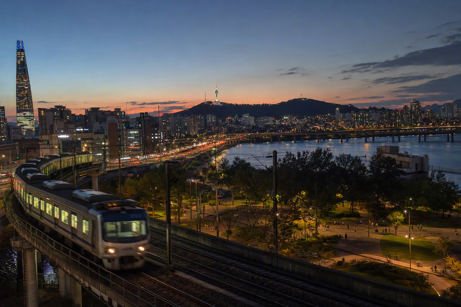 Bright vibrant photorealistic image of Seoul skyline at dusk with airport train passing in foreground, lively travel mood, no readable text