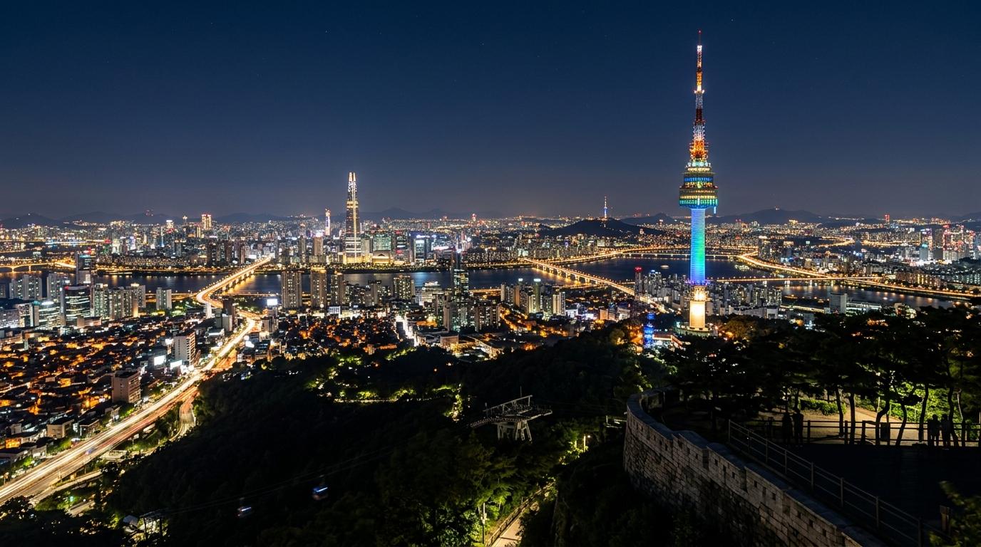 Bright vibrant photorealistic Seoul night skyline from Namsan with glowing tower silhouette, city lights, clear sky, no visible text