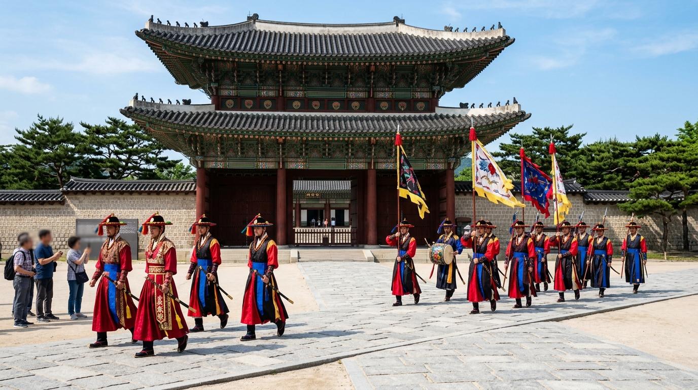 Bright vibrant photorealistic view of royal guards in traditional uniforms outside a grand Seoul palace gate, clear daylight, no visible text