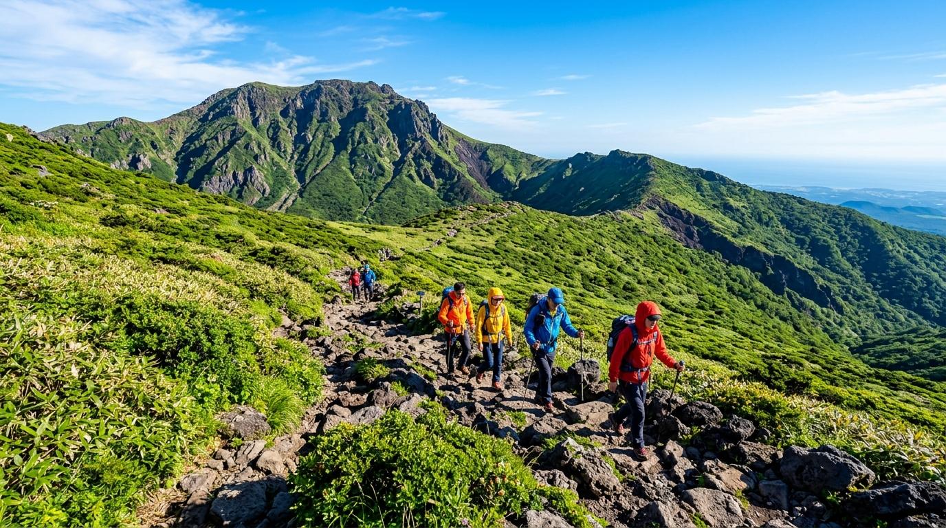 Bright vibrant photorealistic Hallasan trail on Jeju with volcanic rocks, green slopes, hikers in bright jackets, clear sky, no visible text