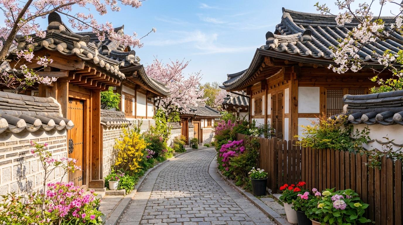 Bright vibrant photorealistic hanok village alley in Seoul with tiled rooftops, spring flowers, quiet daytime atmosphere, no visible text