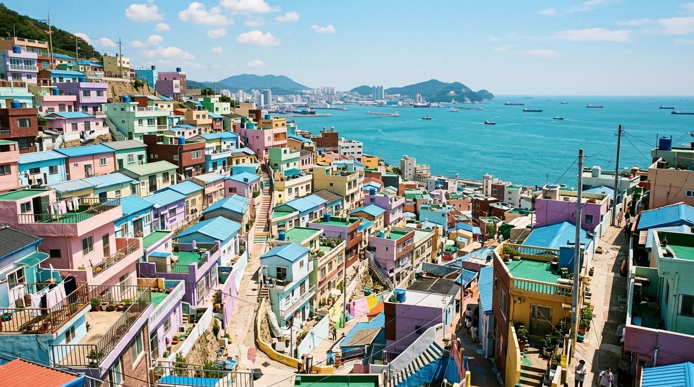 Bright vibrant photorealistic hillside village in Busan with pastel houses, ocean in the distance, sunny weather, no visible text