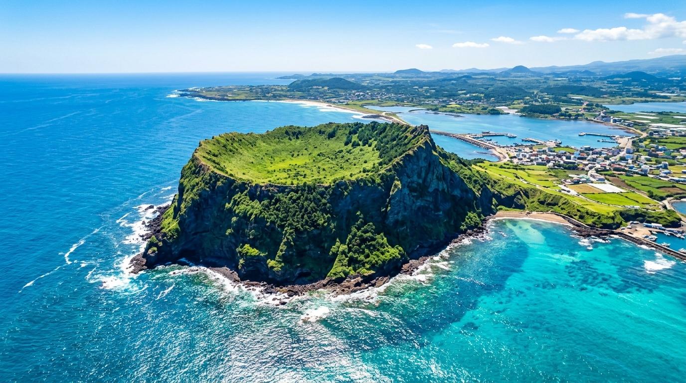Bright vibrant photorealistic aerial view of Seongsan Ilchulbong volcanic tuff cone beside turquoise ocean on Jeju Island, clear morning, no visible text
