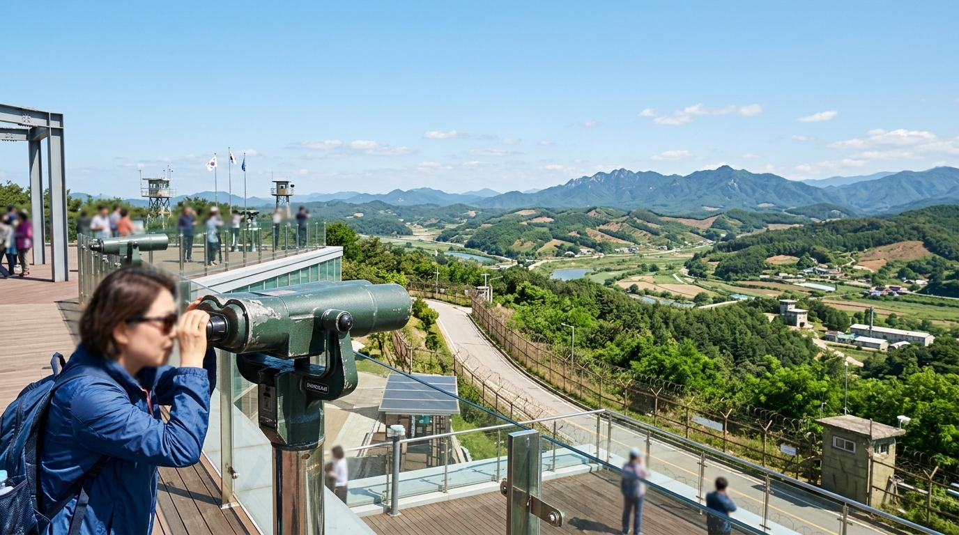 Bright vibrant photorealistic view from a DMZ observatory with binoculars, distant hills, calm sky, no visible text