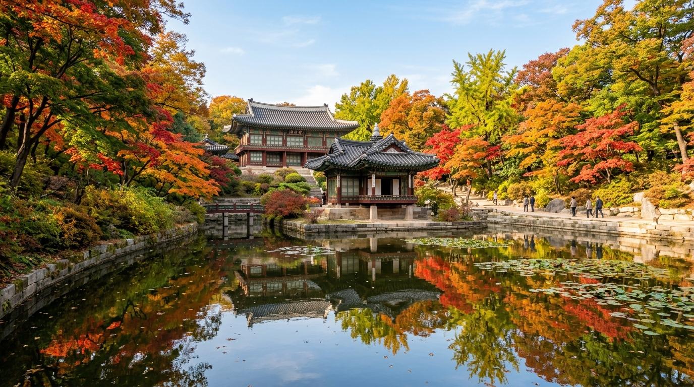 Bright vibrant photorealistic scene of Changdeokgung Secret Garden pond, autumn trees, traditional pavilion, soft sunlight, no visible text