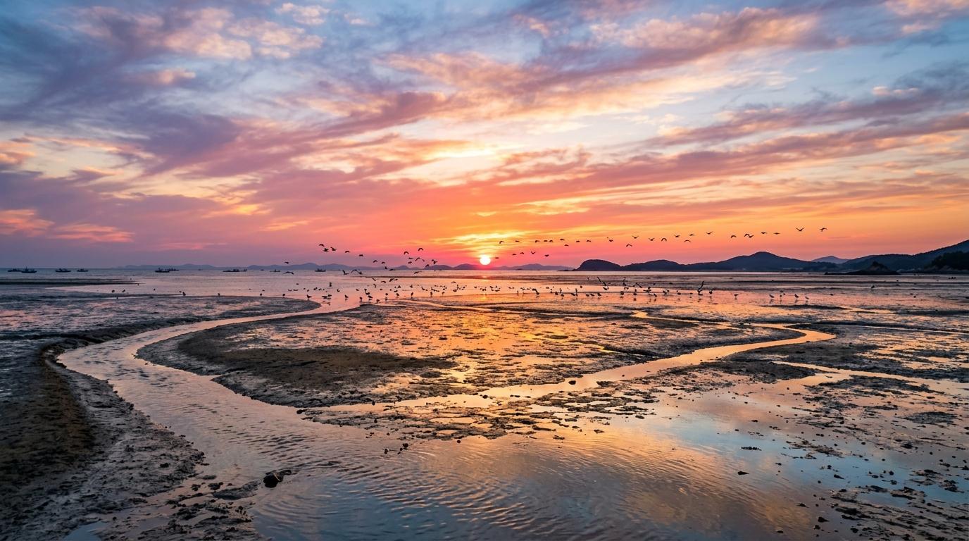 Bright vibrant photorealistic Korean tidal flats at sunset with shallow reflective water, birds in distance, wide open sky, no visible text