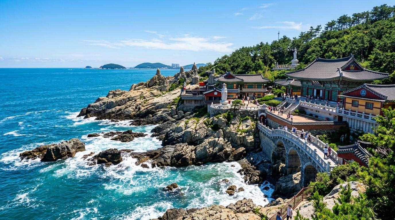 Bright vibrant photorealistic coastal view of Haedong Yonggungsa Temple on rocky cliffs beside blue sea, sunny day, no visible text