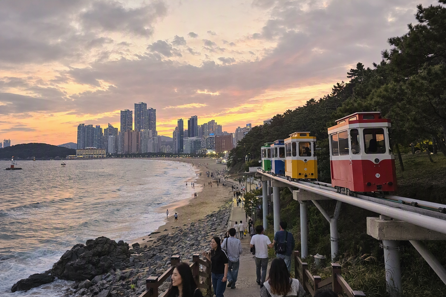 釜山海灘夕陽下的明亮鮮豔寫實景色，海邊軌道上有彩色天空膠囊車與海景，無可見文字