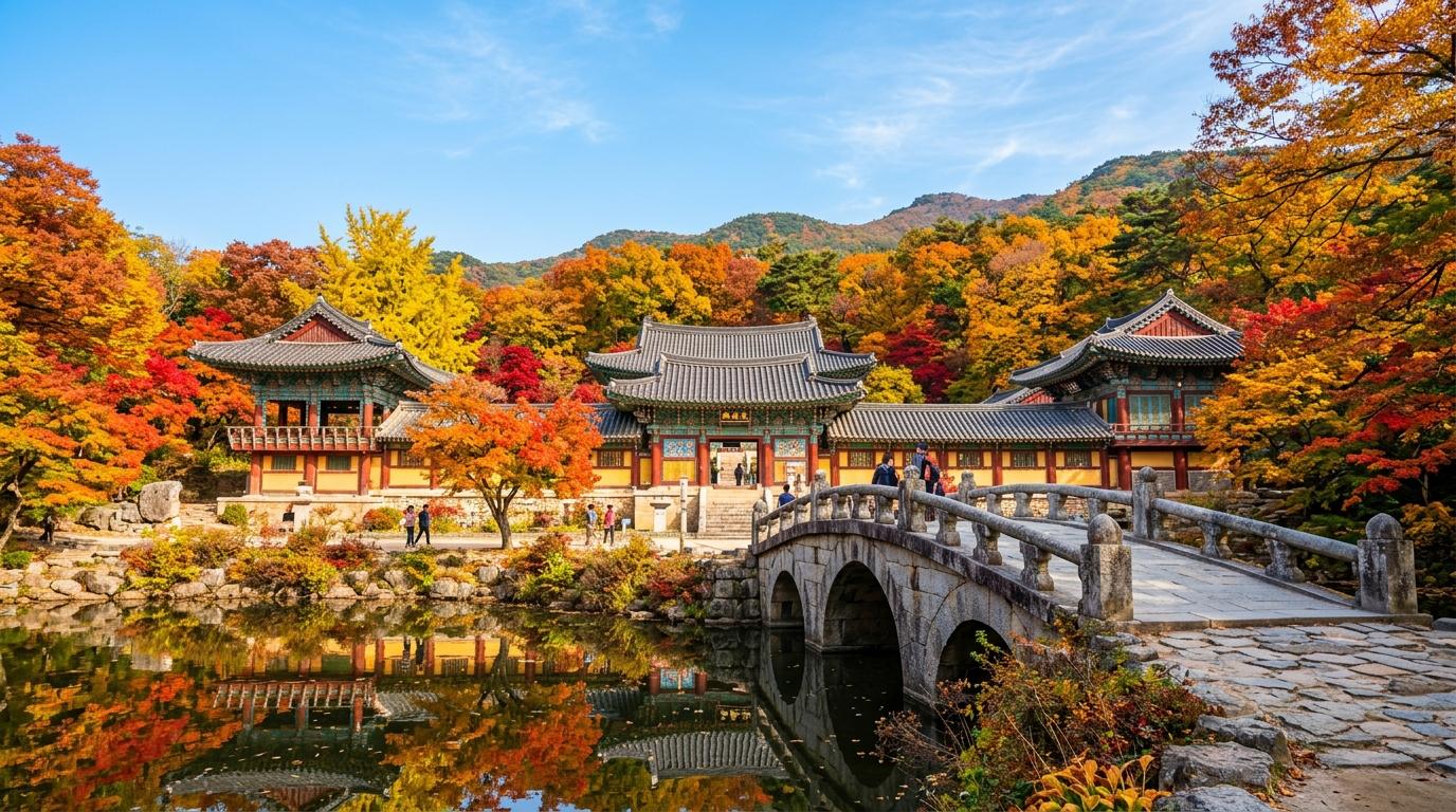 Bright vibrant photorealistic Bulguksa Temple stone bridges and colorful wooden halls in autumn foliage, clear daylight, no visible text