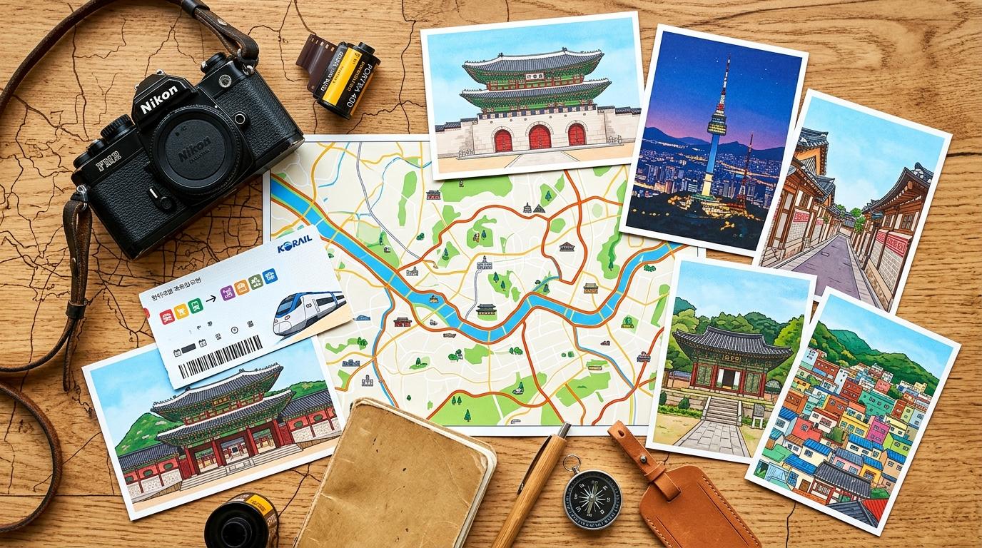 Bright vibrant photorealistic map-style travel flat lay with train ticket, camera, and Korea landmark postcards, no visible text