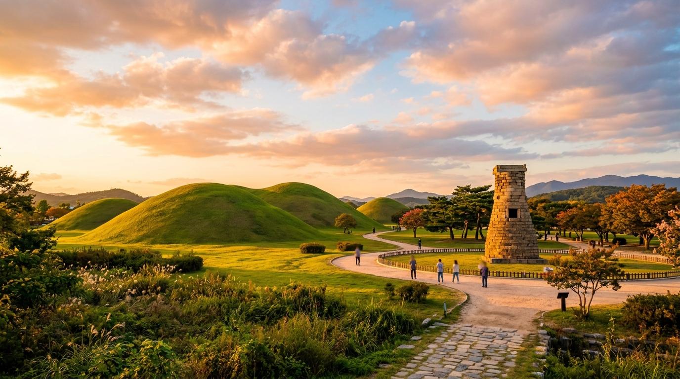 Bright vibrant photorealistic view of Gyeongju royal tomb mounds and Cheomseongdae Observatory at golden hour, no visible text