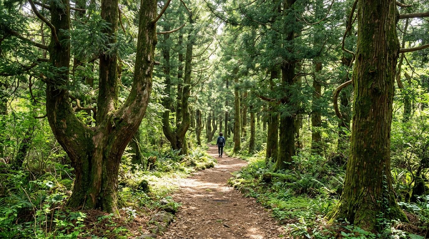 Bright vibrant photorealistic Bijarim Forest walking path on Jeju with ancient evergreen trees, soft sunlight, peaceful atmosphere, no visible text