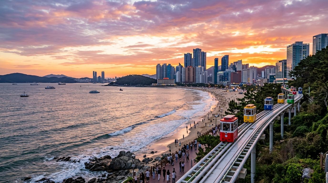 Bright vibrant photorealistic Busan beach at sunset with colorful sky capsules on seaside tracks and ocean views, no visible text