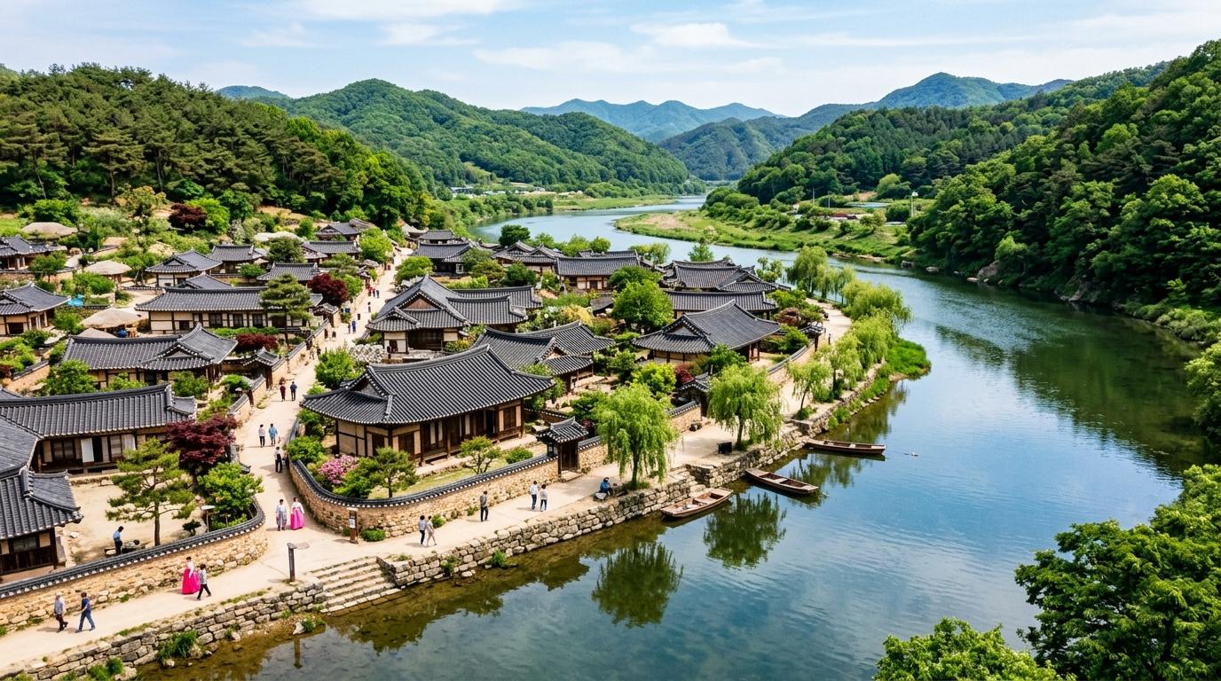 Bright vibrant photorealistic traditional Korean village beside a winding river, tiled roofs, green hills, calm daylight, no visible text