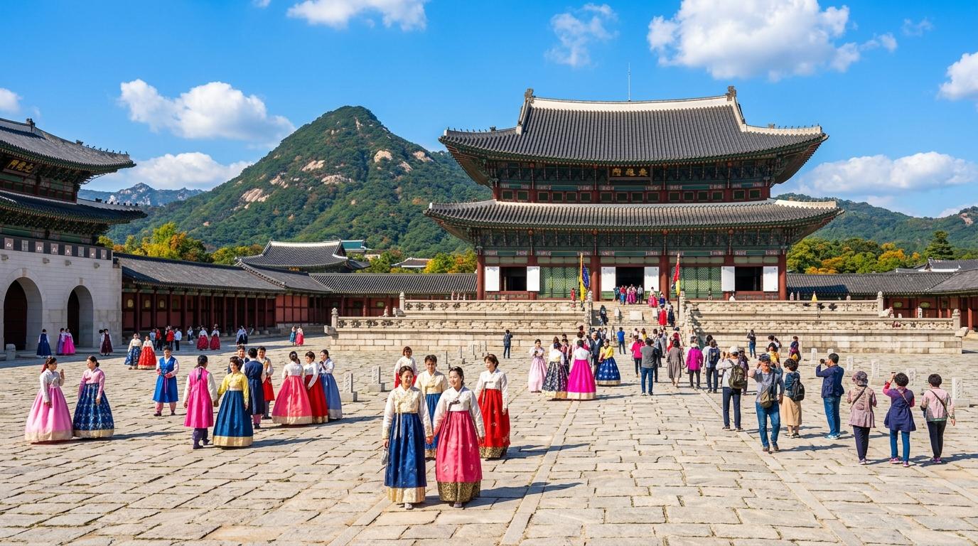 Bright vibrant photorealistic panorama of Gyeongbokgung Palace courtyard with colorful hanbok travelers, mountain backdrop, blue sky, no visible text
