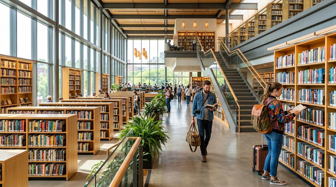 Bright, vibrant, photorealistic interior of a large modern library with tall bookshelves, natural light, stylish travelers, no text