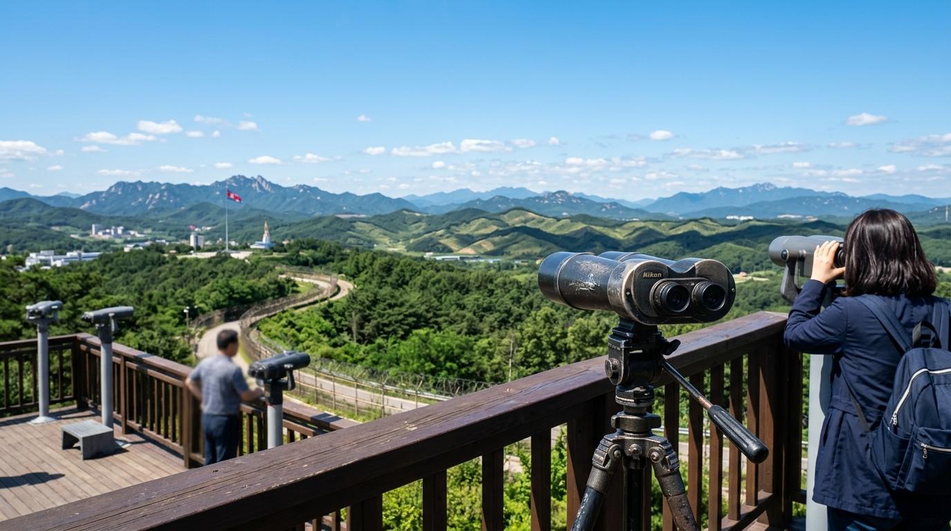 Bright, vibrant, photorealistic view from a peaceful observatory near the DMZ with binoculars, distant hills, clear sky, no text
