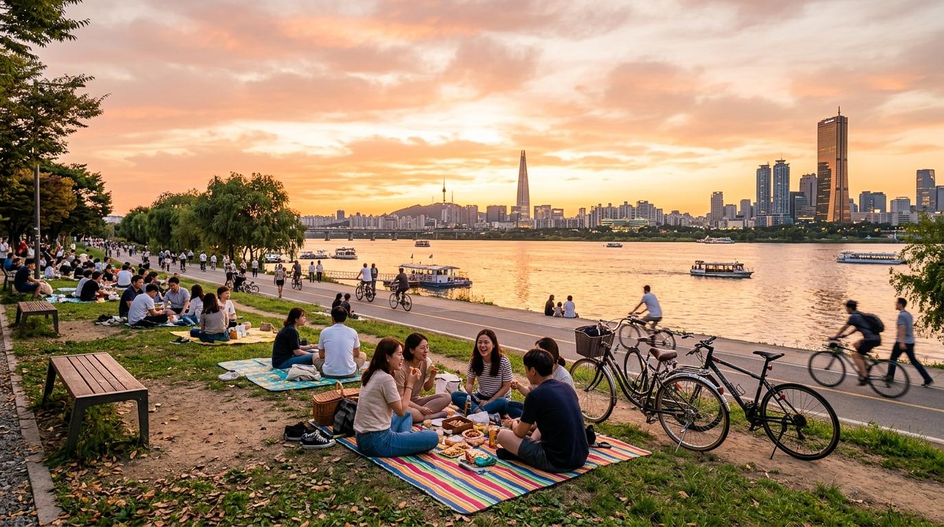 Bright, vibrant, photorealistic Seoul Han River park at golden hour with picnic mats, bicycles, skyline, and soft sunset, no text